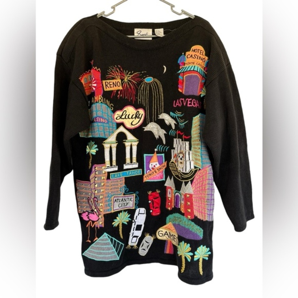 Sandylo Casino Oversized Sweater w/ Shoulder Pads Embroidered One Size